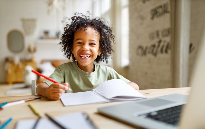 Happy Boy Doing Homework