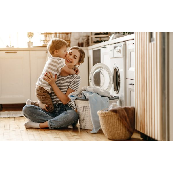 Mother and Son Doing Laundry