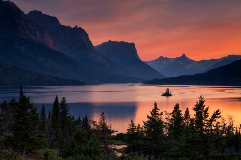 Sunset Arriving to the Mountain Lake