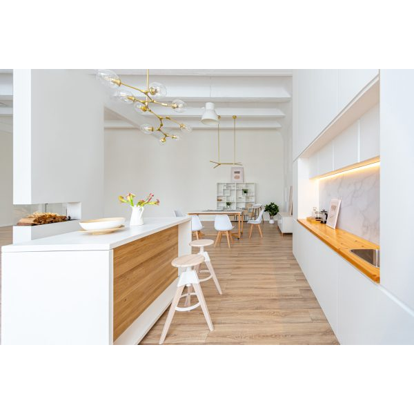 White Kitchen Bar with Fire Place and Dining Room