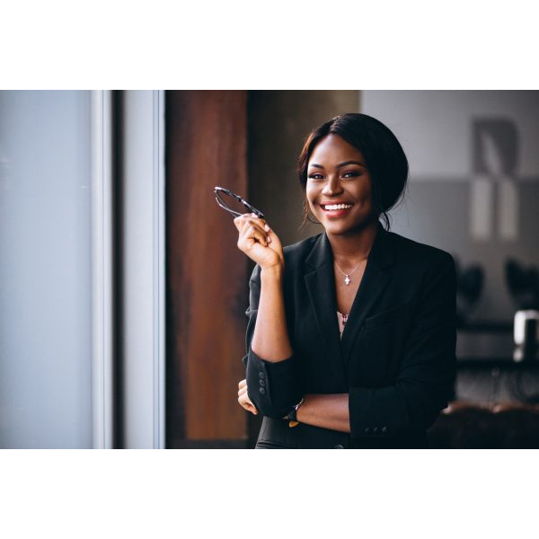 Woman Broker with Glasses in Hand